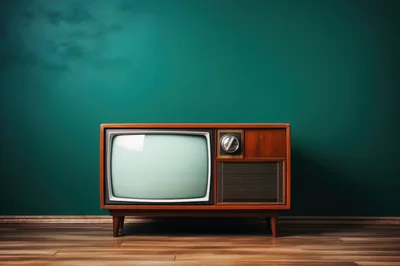 Vintage Wooden Television Set Against Teal Wall