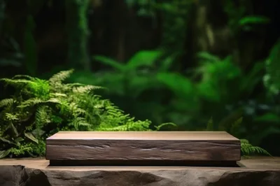 Wooden Product Display Platform In Lush Tropical Forest