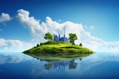 Floating Green Island With Modern City And Wind Turbines