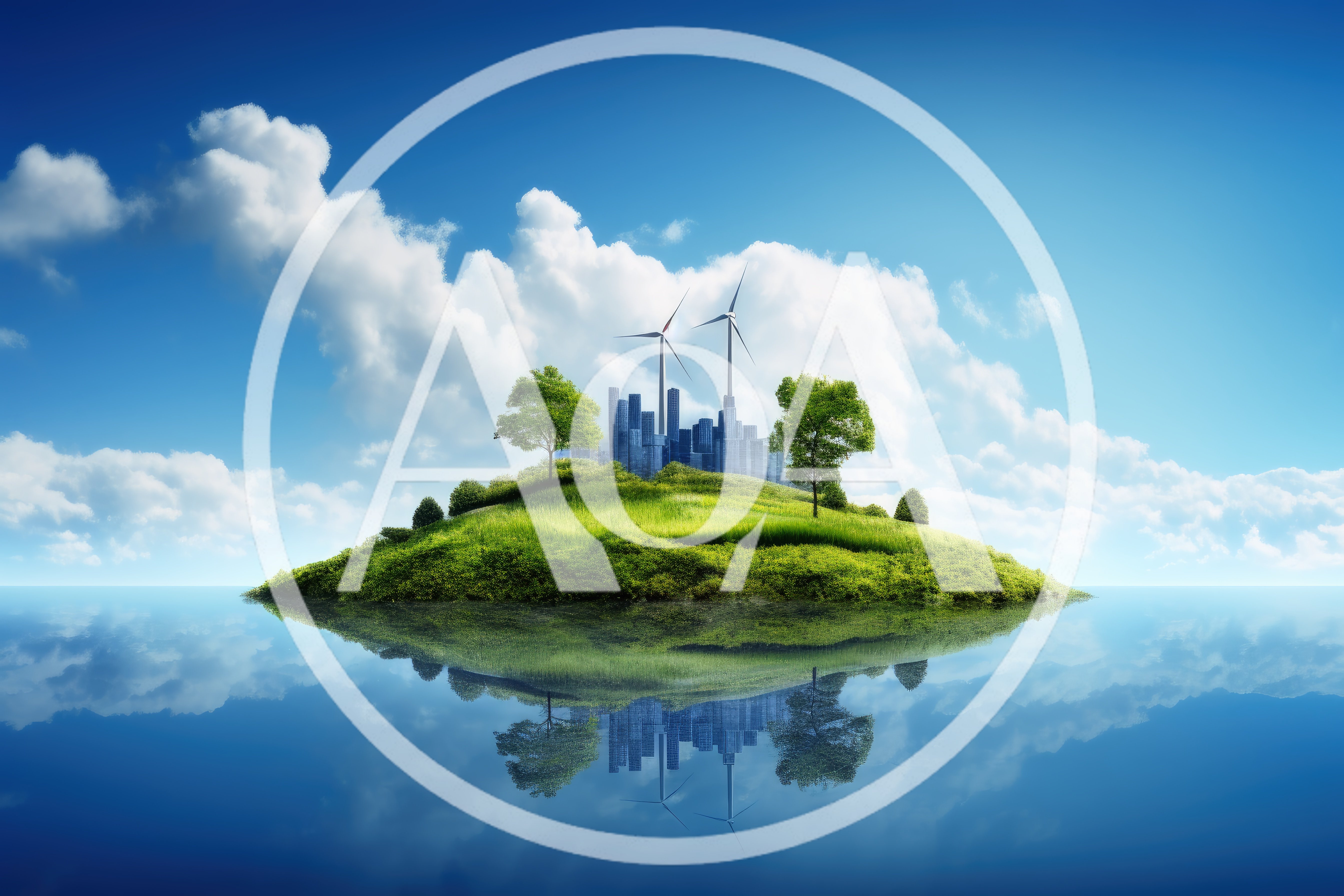 Floating Green Island With Modern City And Wind Turbines