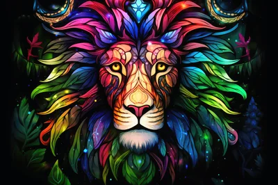 Colorful Abstract Lion Portrait With Floral Mane