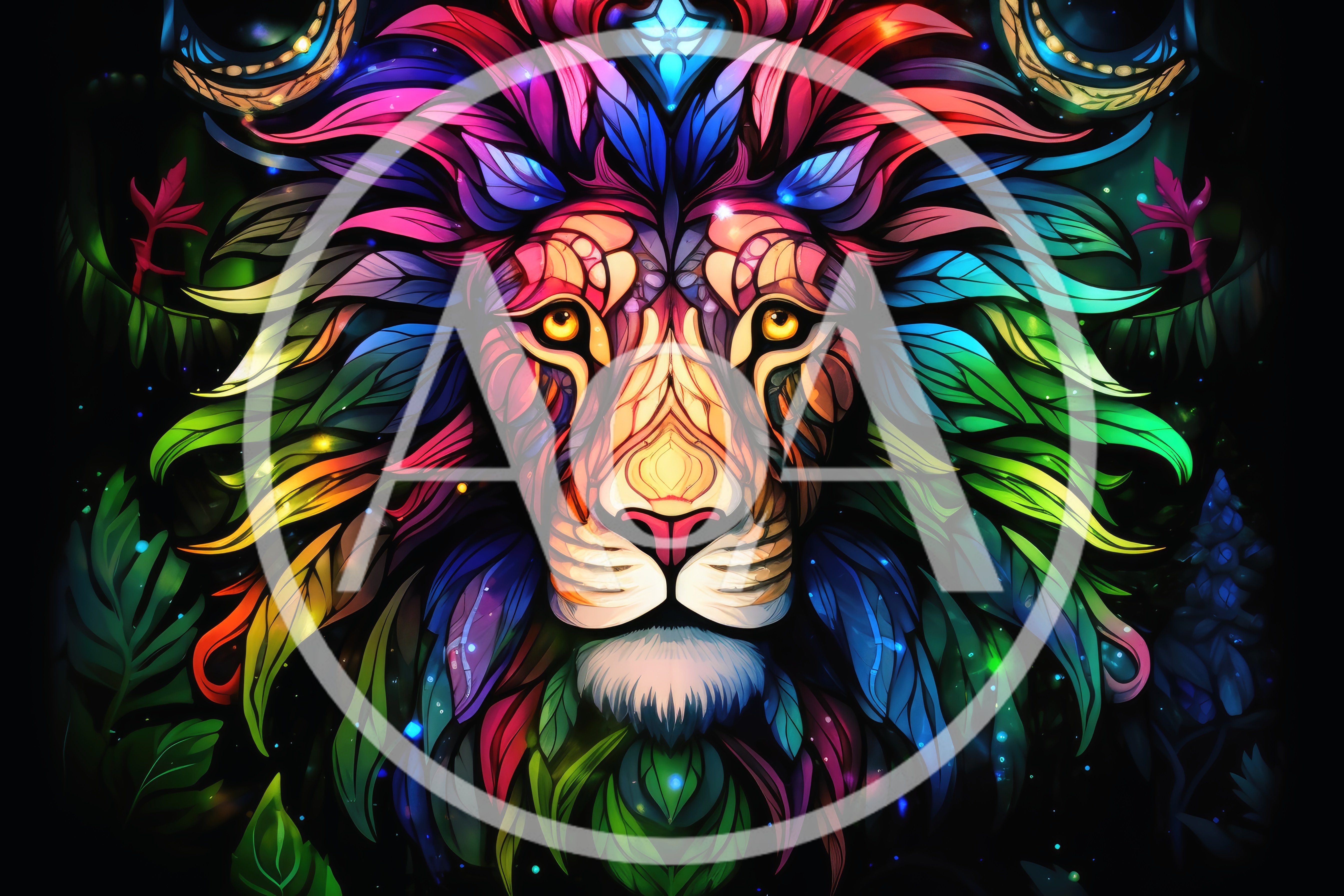 Colorful Abstract Lion Portrait With Floral Mane