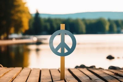 Peace Sign Symbol Standing On A Wooden Dock