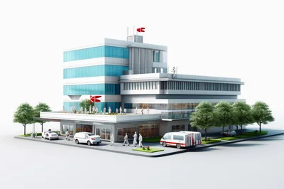 Modern Hospital Building Exterior With Ambulance And Staff