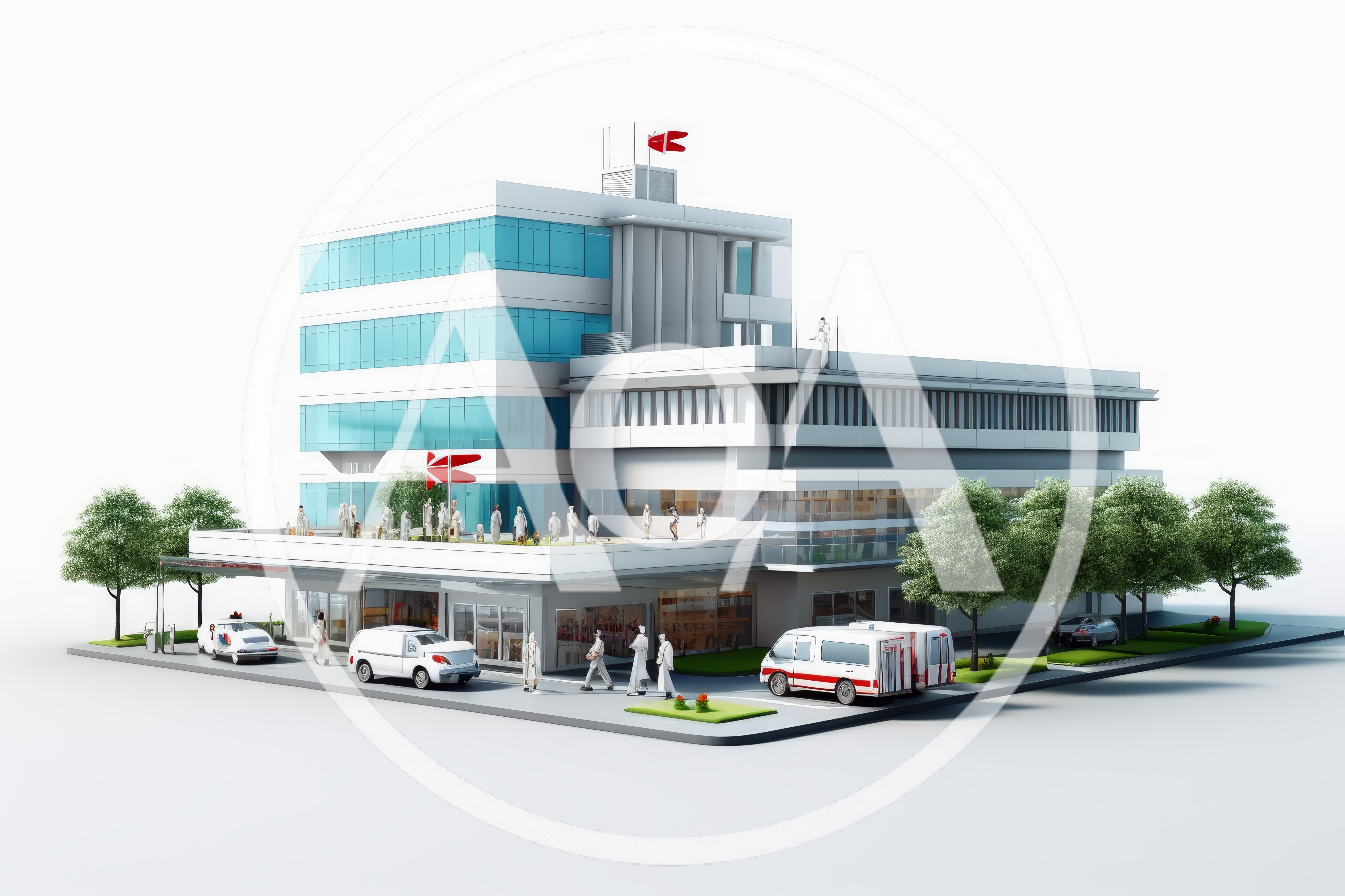 Modern Hospital Building Exterior With Ambulance And Staff