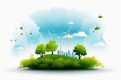 Eco Friendly City Concept With Wind Turbines And Trees