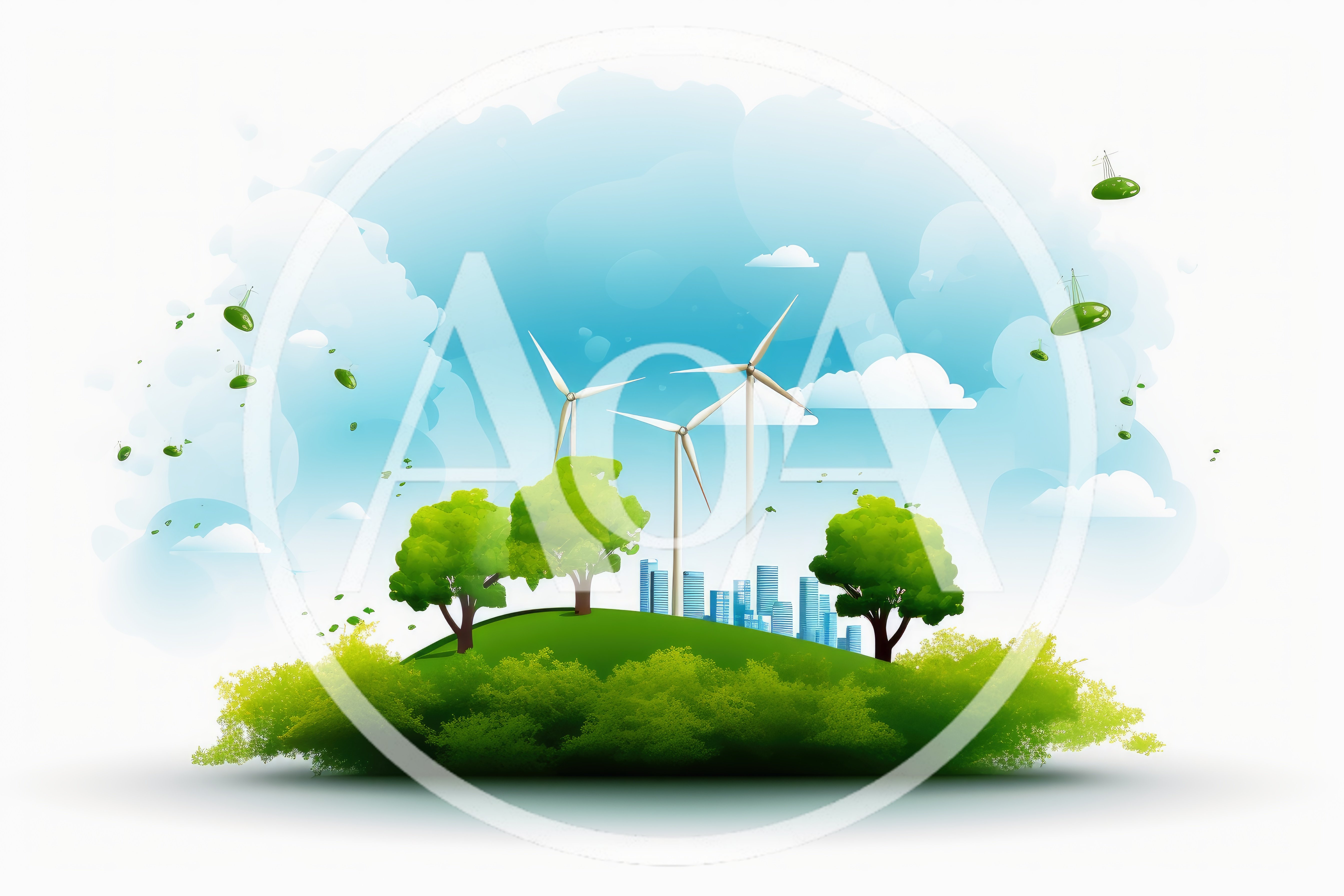 Eco Friendly City Concept With Wind Turbines And Trees