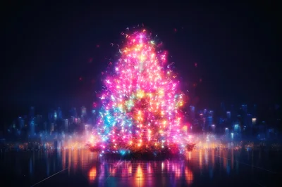 Glowing Neon Christmas Tree Against City Skyline