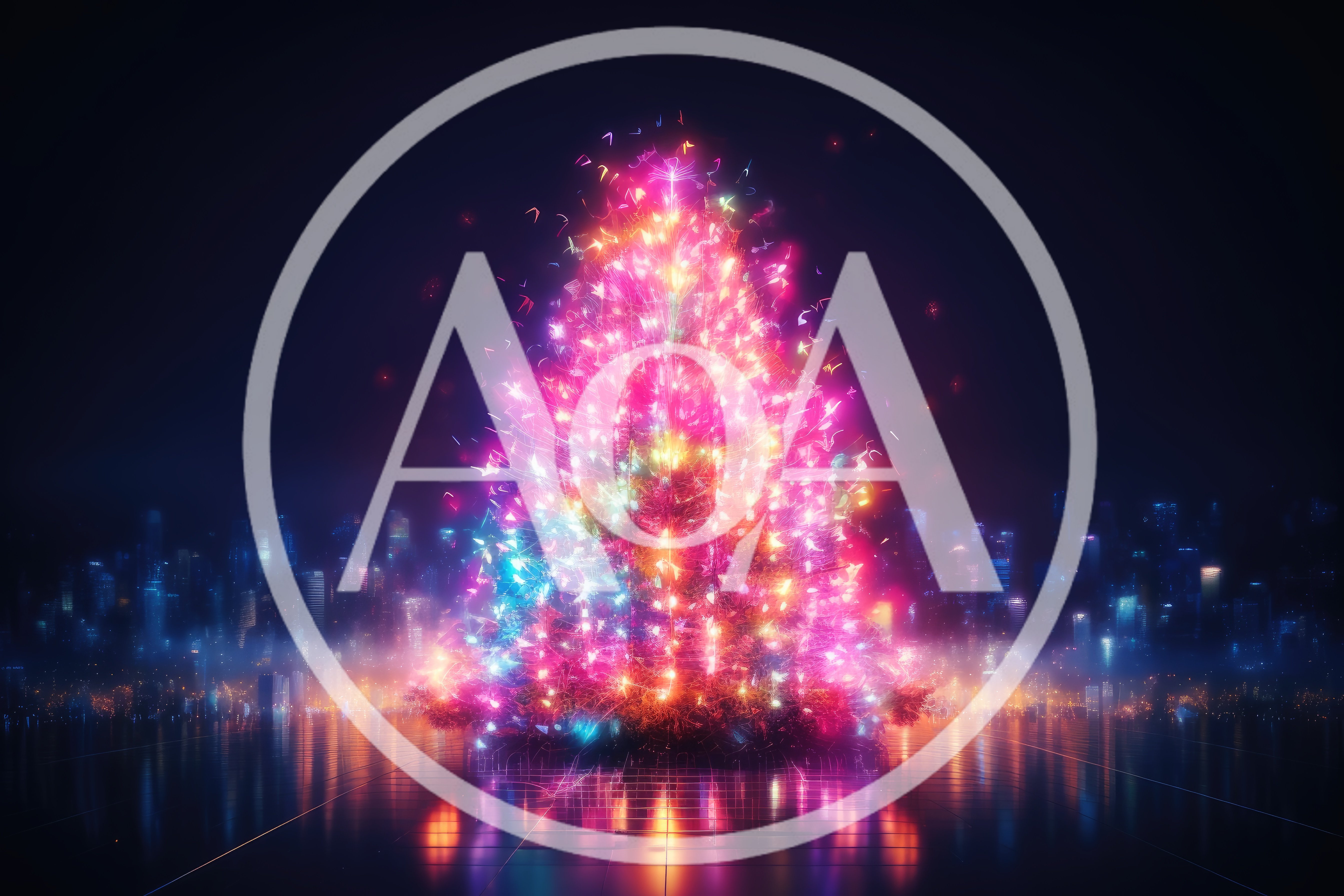 Glowing Neon Christmas Tree Against City Skyline