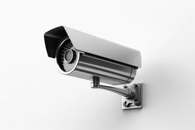 Modern Silver Security Camera Mounted On White Wall