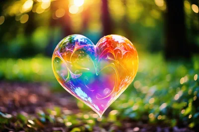 Iridescent Heart Shaped Bubble Floating In A Forest