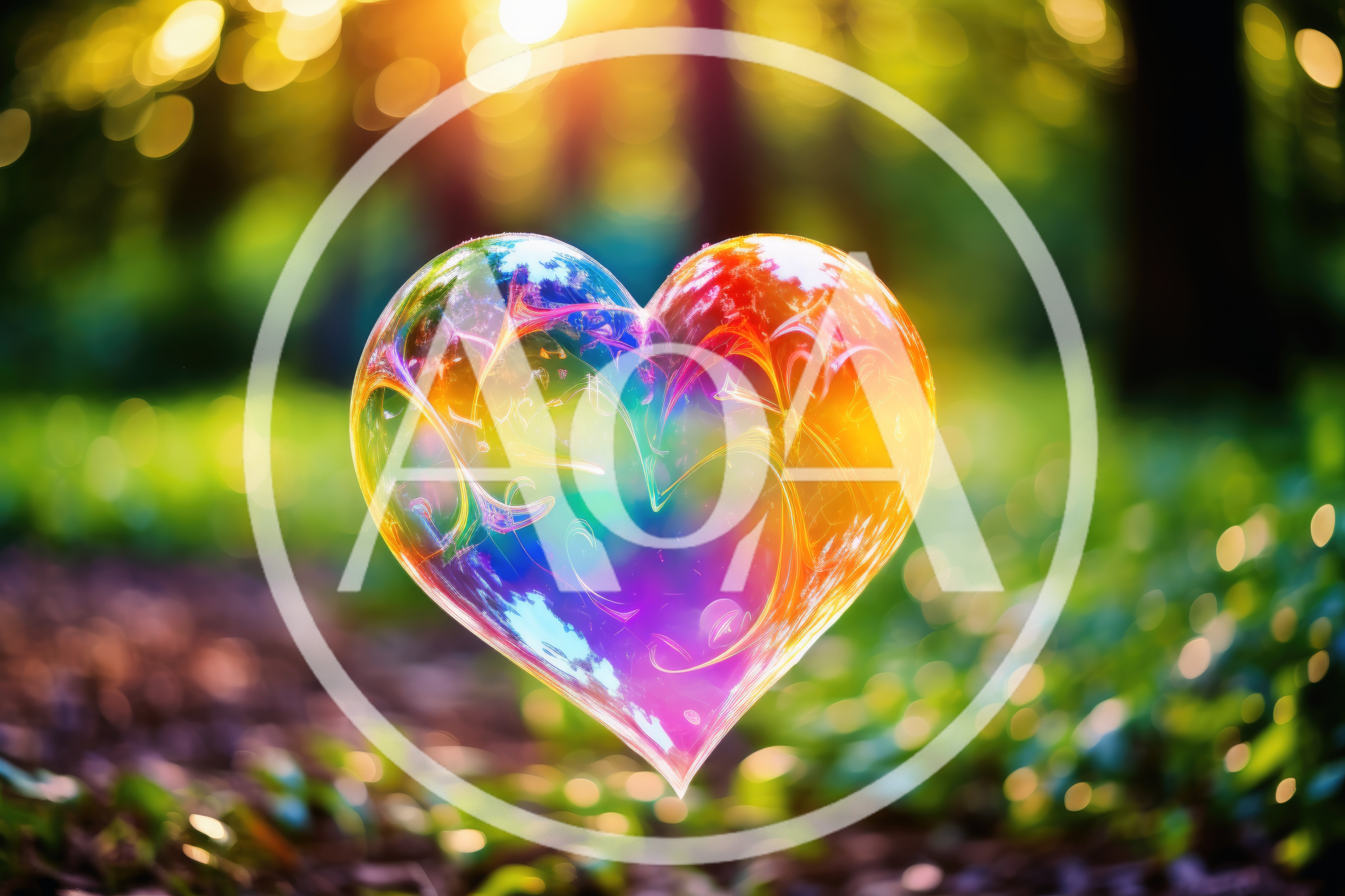 Iridescent Heart Shaped Bubble Floating In A Forest