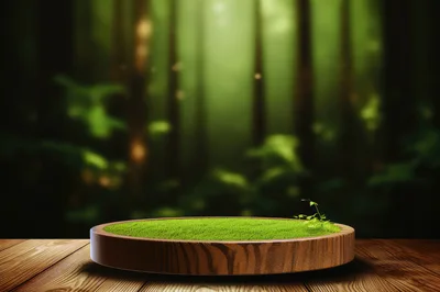 Wooden Display Pedestal With Grass Top In Forest
