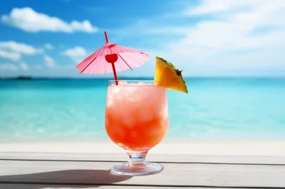 Tropical Cocktail Drink on a Beach Table