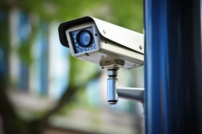 Outdoor Security Surveillance Camera Mounted On Pole
