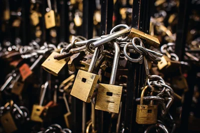 Love Padlocks Attached To A Metal Bridge Fence