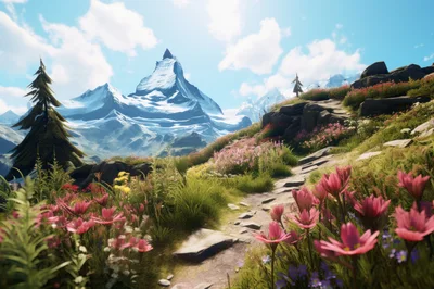 Scenic Alpine Mountain Trail With Wildflowers
