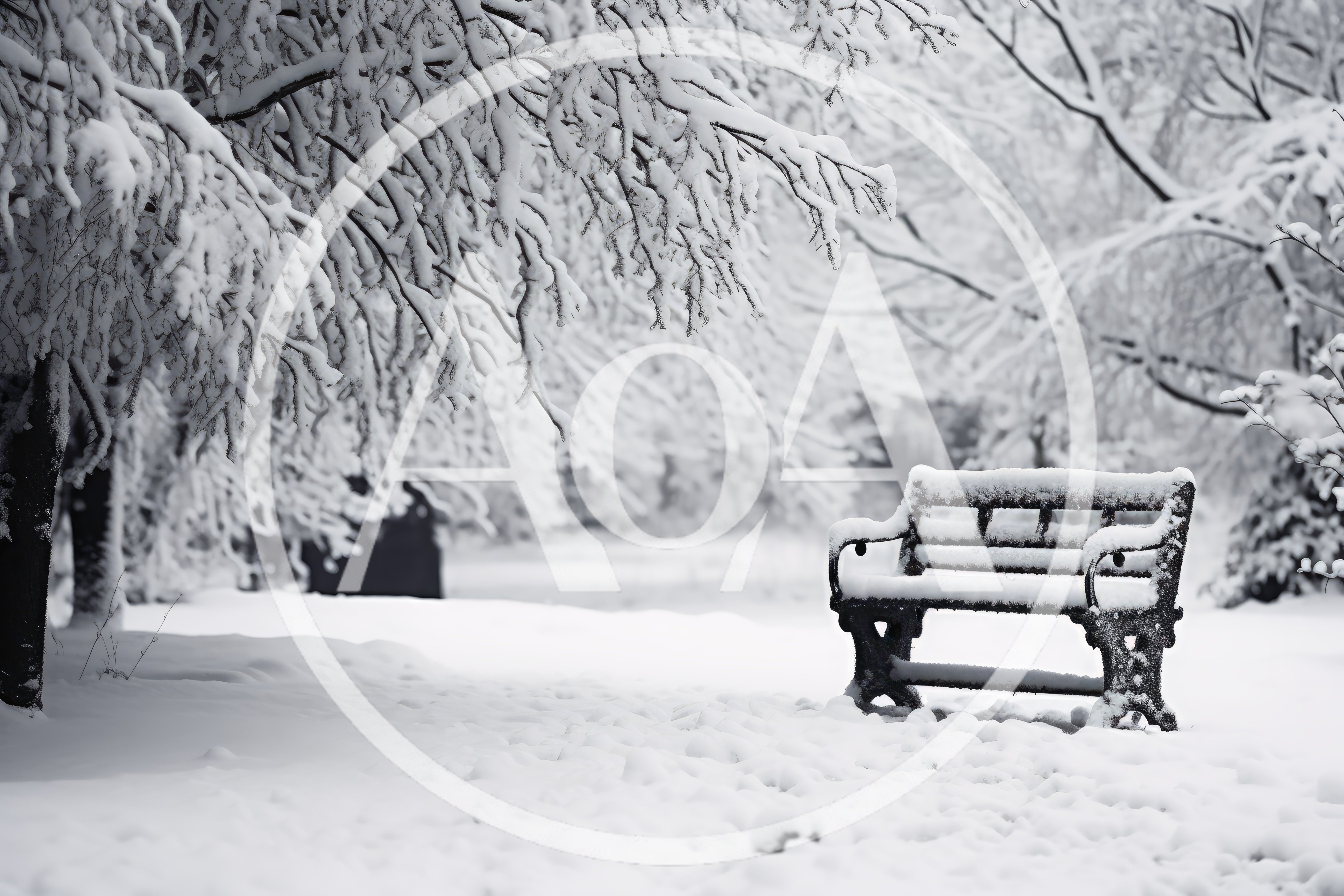 Empty Park Bench Covered In Fresh Winter Snow