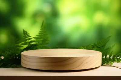Wooden Product Display Pedestal With Fern Leaves