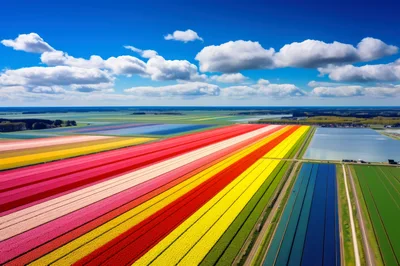 Aerial View Of Vibrant Tulip Fields In The Netherlands