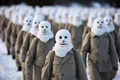Army Of Snowmen Marching In Winter Landscape