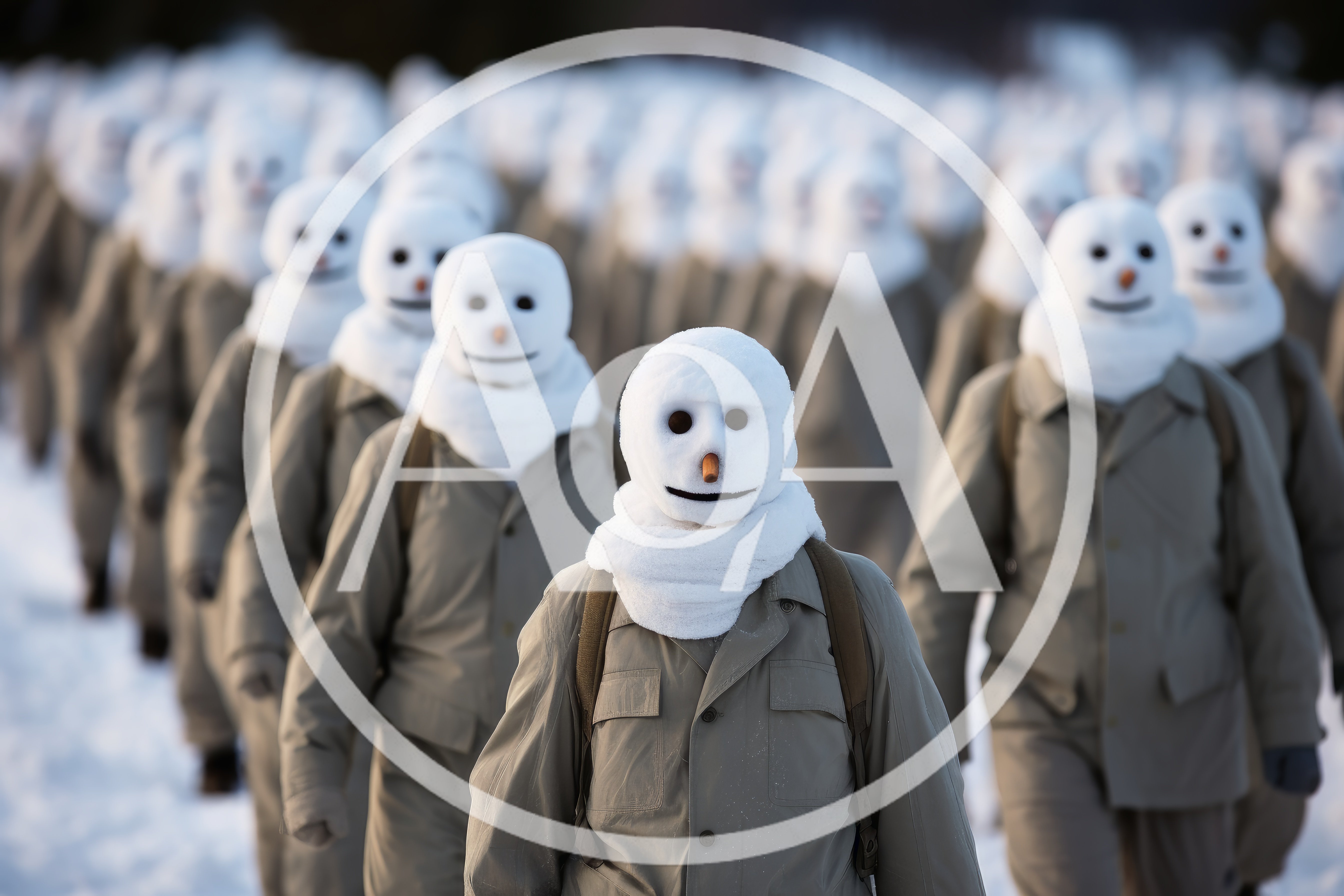 Army Of Snowmen Marching In Winter Landscape