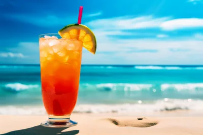 Refreshing Tropical Cocktail On A Sunny Beach
