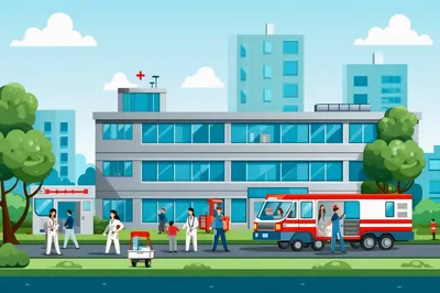 Medical Staff and Ambulance Outside Modern Hospital Building