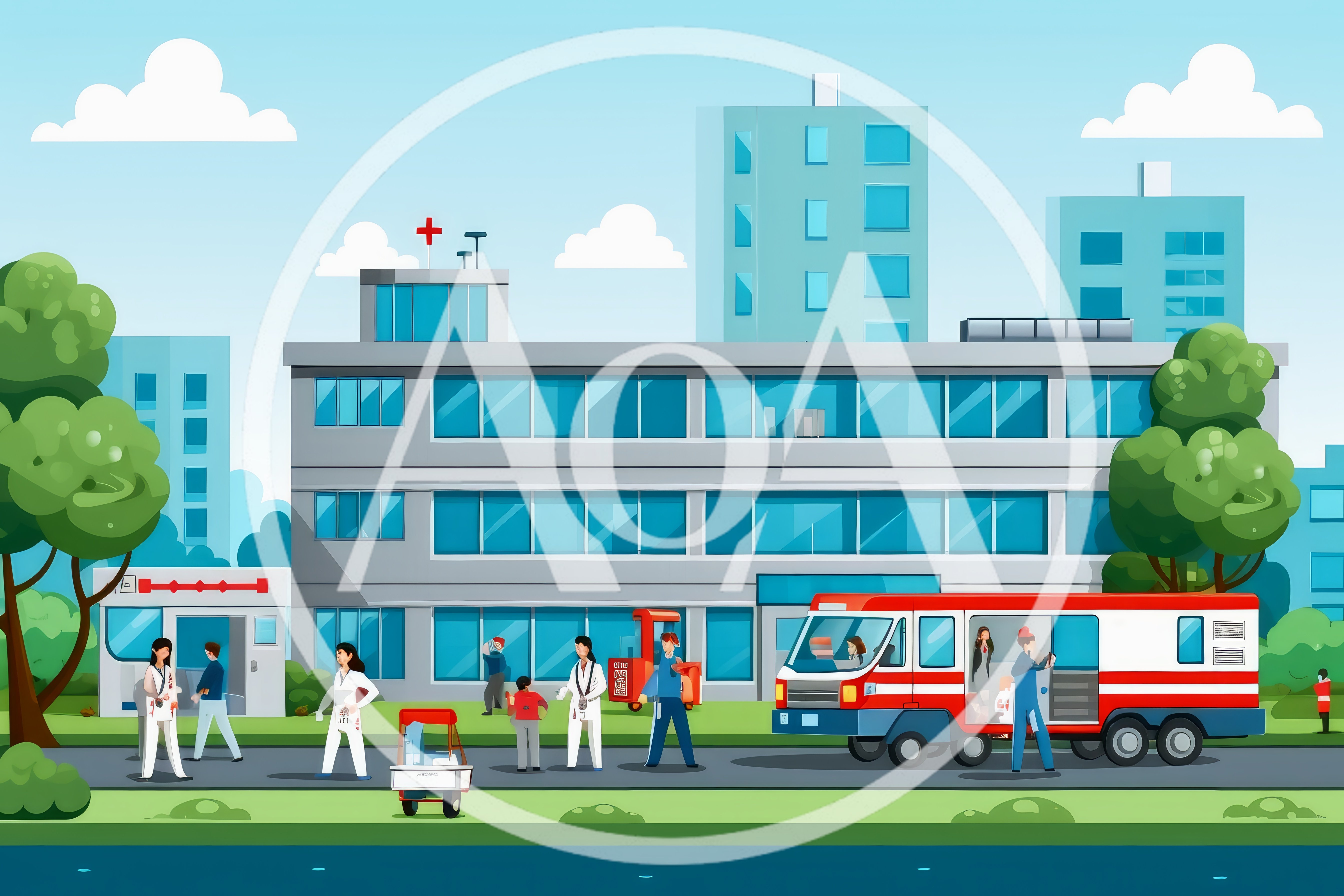 Medical Staff and Ambulance Outside Modern Hospital Building