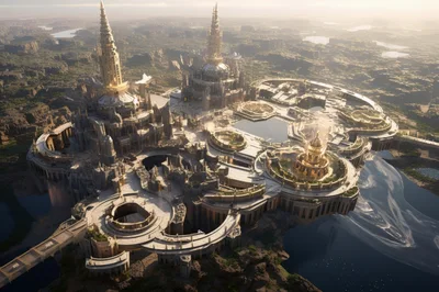 Aerial View Of A Golden Fantasy Citadel