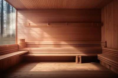 Empty Wooden Sauna Interior With Large Window