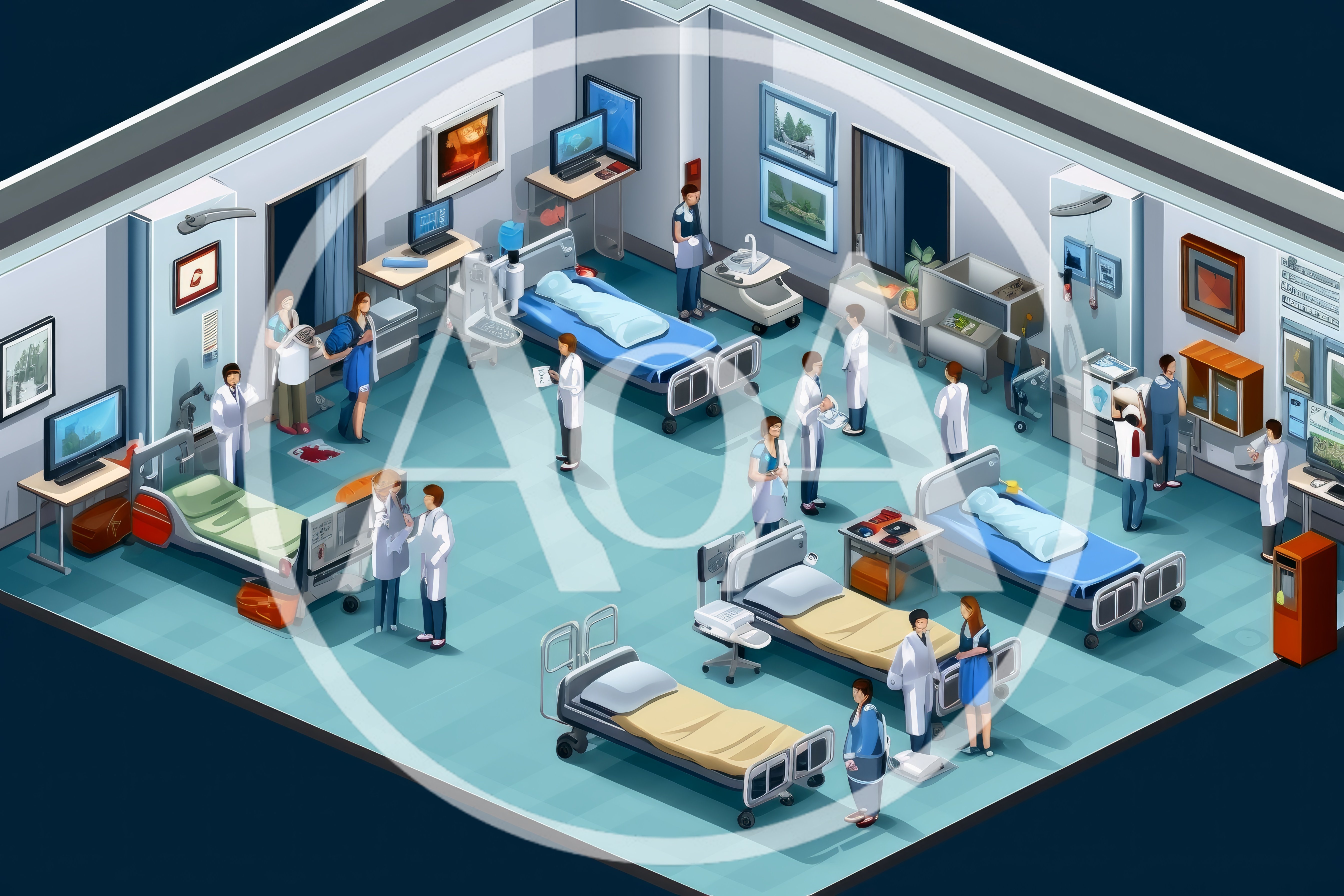 Isometric View Of A Busy Hospital Ward