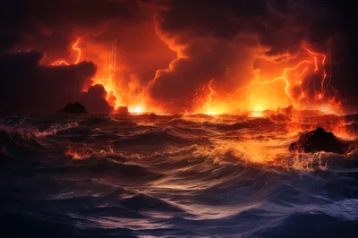 Volcanic Eruption Over Turbulent Dark Ocean Waters