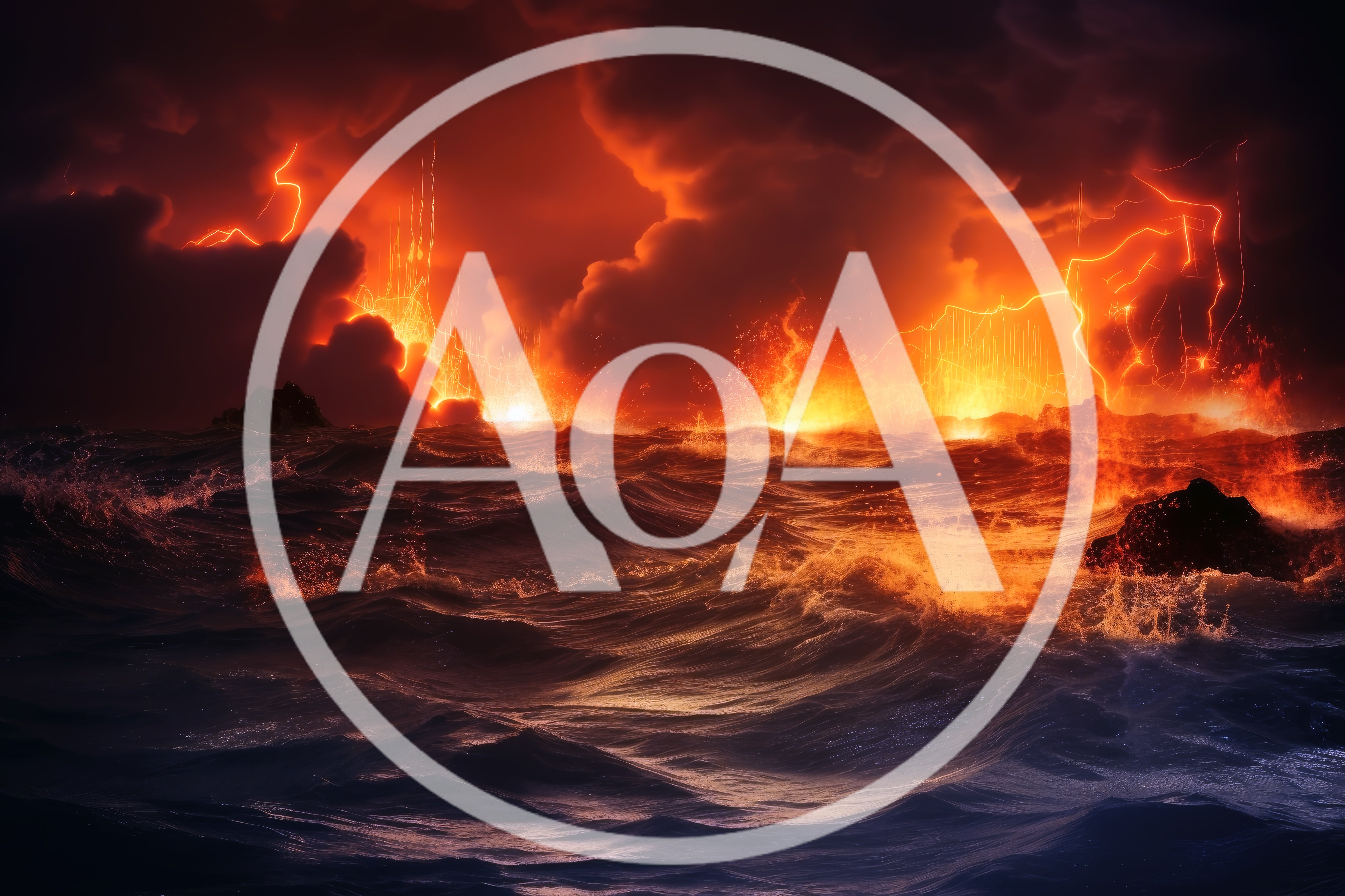 Volcanic Eruption Over Turbulent Dark Ocean Waters