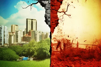 Conceptual Split Screen Showing Urban Development And Environmental Destruction