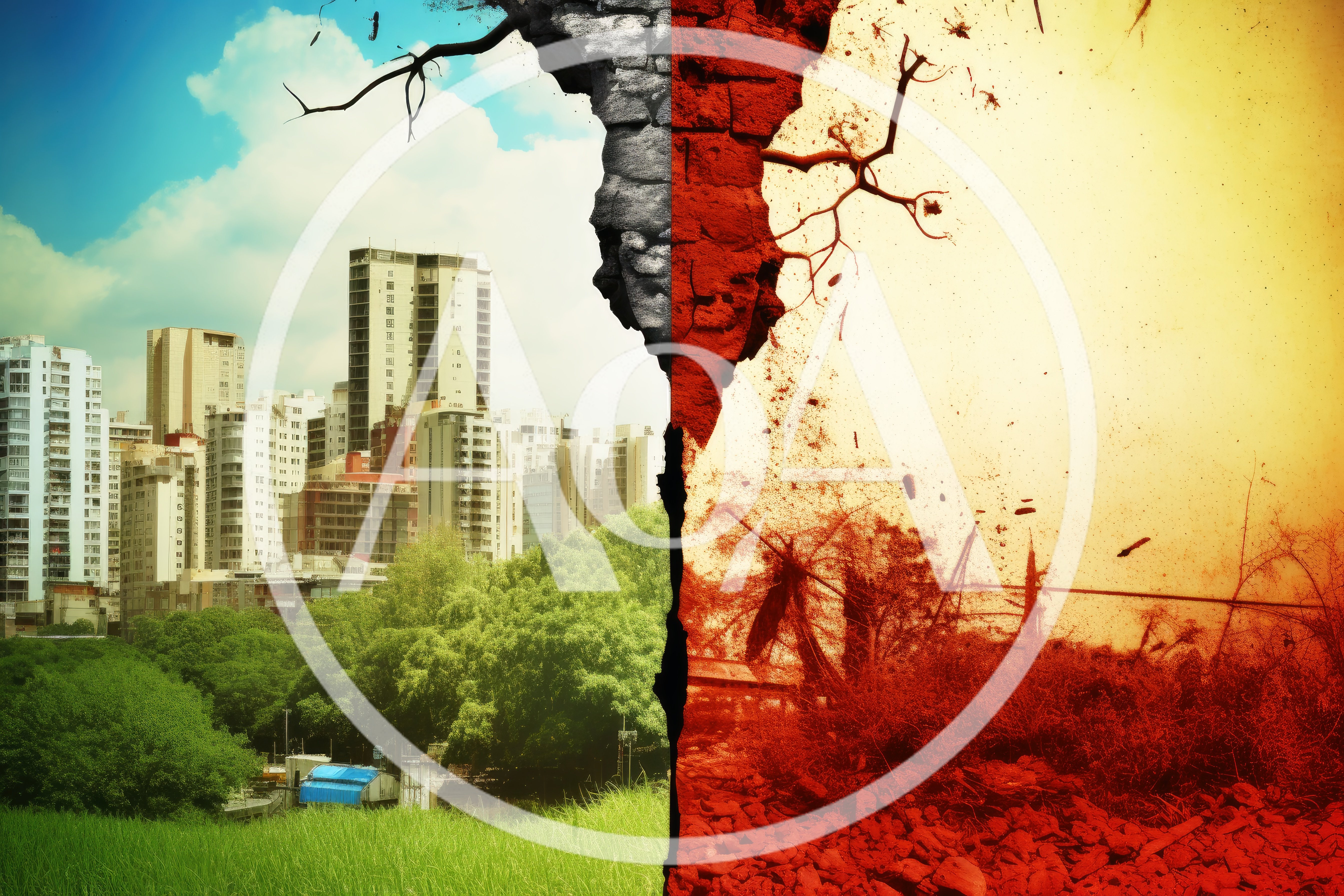 Conceptual Split Screen Showing Urban Development And Environmental Destruction