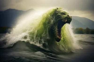 Green Water Monster Emerging From A Lake Wave