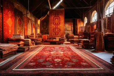 Interior View Of A Traditional Persian Rug Warehouse