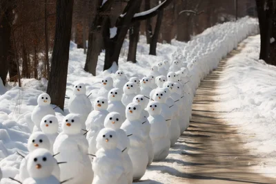 Long Row Of Identical Snowmen On Snowy Path