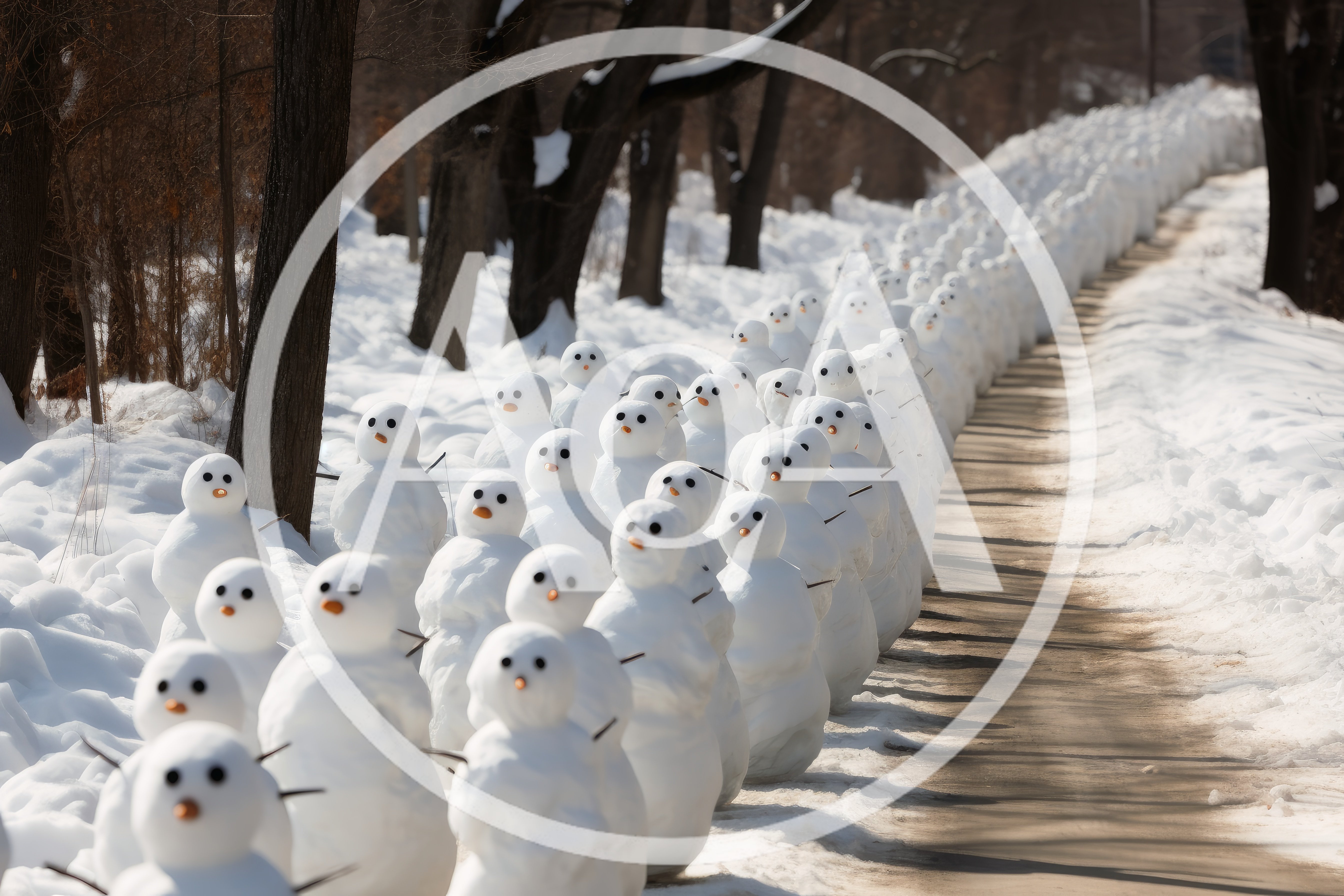 Long Row Of Identical Snowmen On Snowy Path