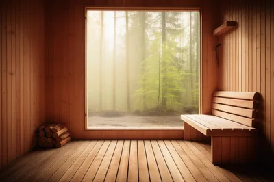 Modern Wooden Sauna Interior With Forest View