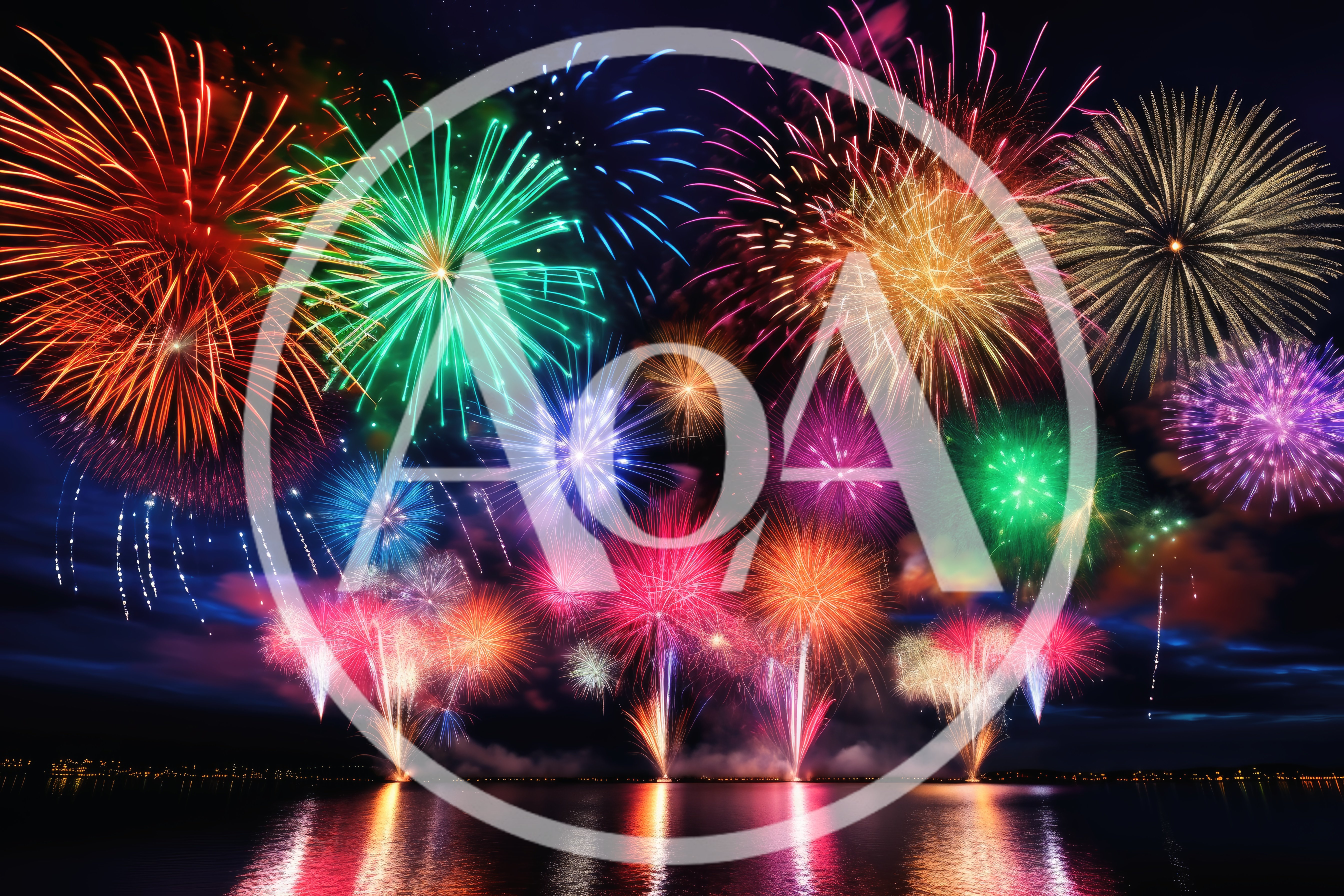 Vibrant Multi-Colored Fireworks Display Over Calm Water