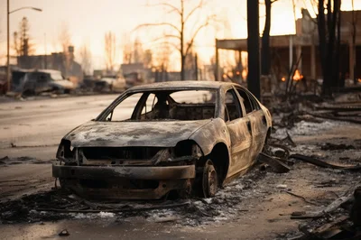 Burnt Out Car Wreckage In Fire Damaged Neighborhood