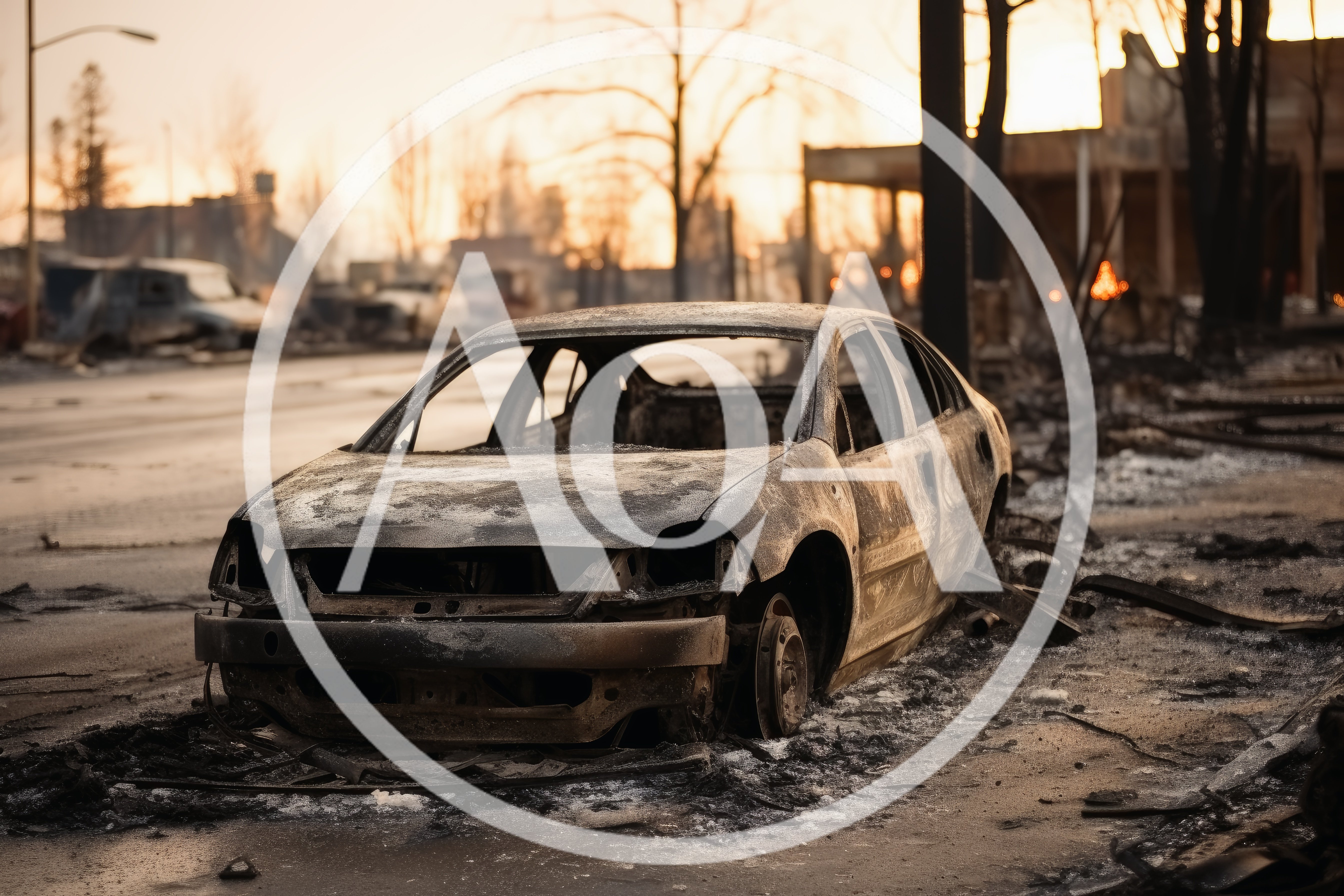 Burnt Out Car Wreckage In Fire Damaged Neighborhood