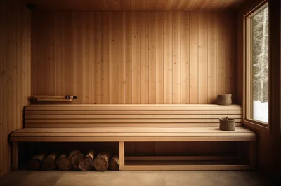 Modern Wooden Sauna Interior With Bench And Firewood