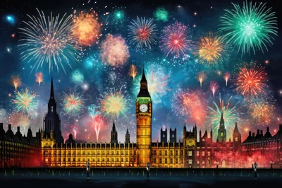 Fireworks Display Over Big Ben and Houses of Parliament