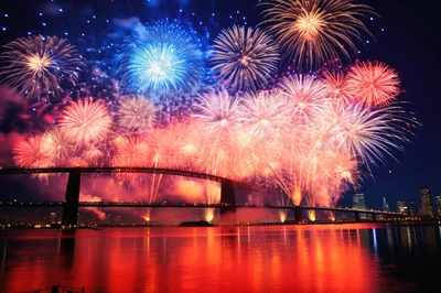 Spectacular Fireworks Display Over A Bridge At Night