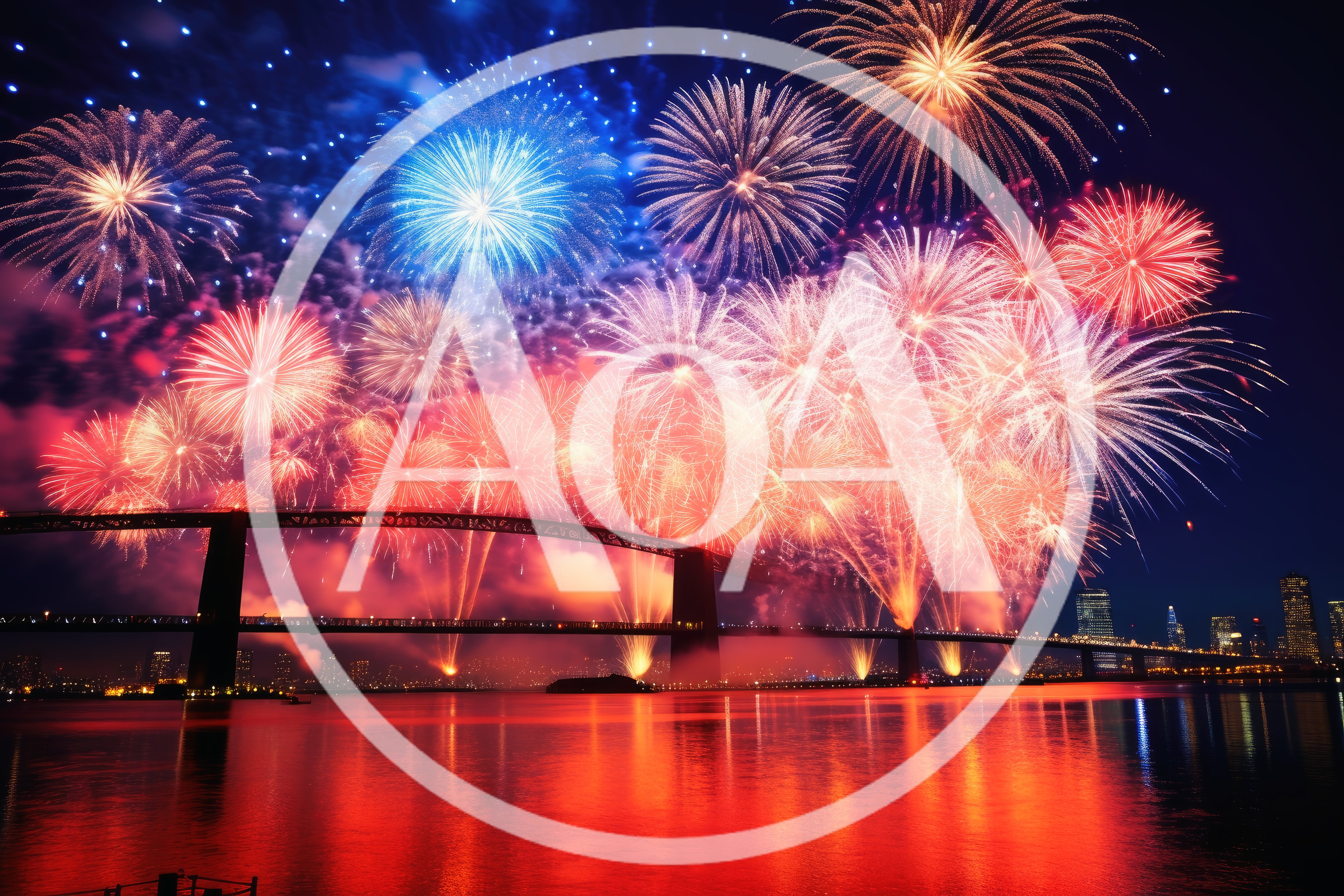 Spectacular Fireworks Display Over A Bridge At Night