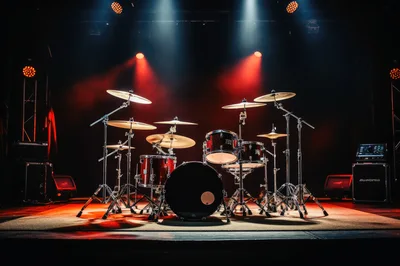 Professional Drum Kit Set Up On A Concert Stage