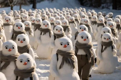 Army Of Snowmen Walking In Snowy Landscape